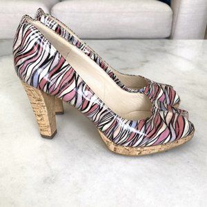 Peter Kaiser cork pumps, peep toe high heel shoes, pink, purple, white, black